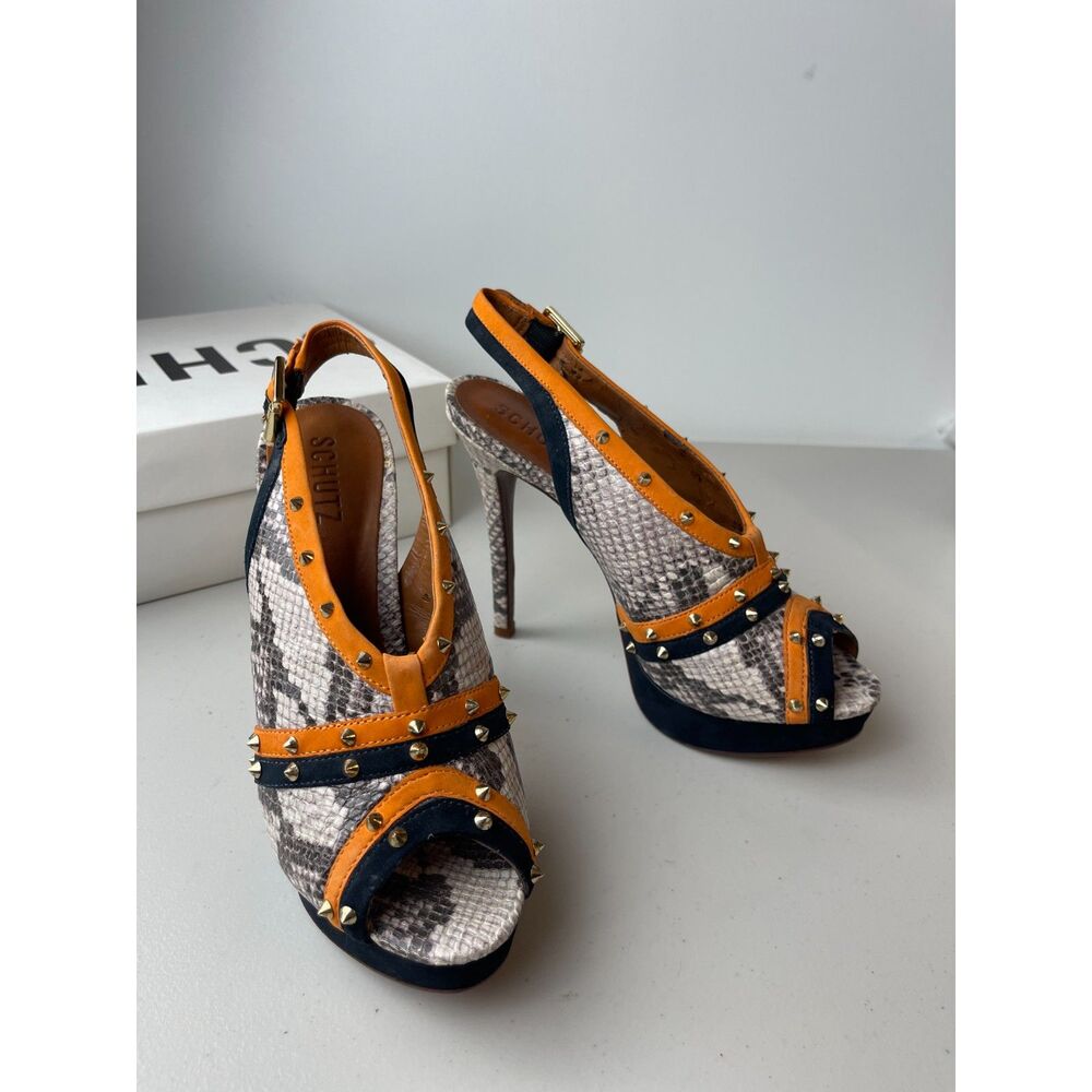 Schutz Snakeskin & Studded Slingback Stilettos - Size 8B US